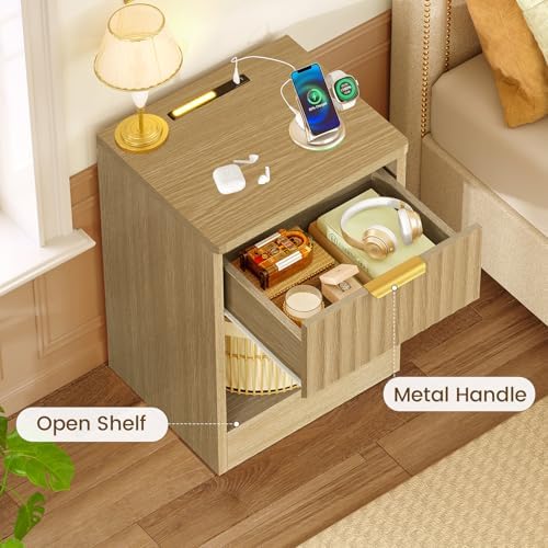 TEENFON Fluted Nightstands Set of 2, Bed Side Table with Charging Station and LED Light, Night Stand with Storage Drawer and Open Shelf, End Table for Small Space, Bedroom, Natural