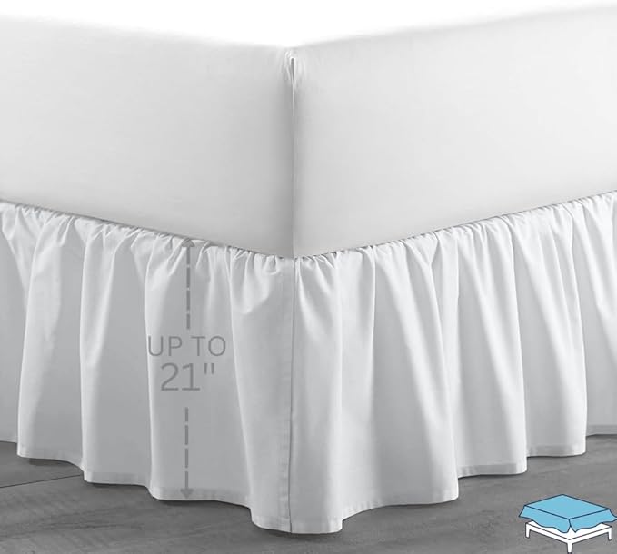 Ruffle Bed Skirt with Split Corners, Microfiber Dust Ruffled for a Perfectly Tailored Bedding Ensemble, Wrinkle and Fade Free, Easy Fit, King Size 21 Inch Drop, White