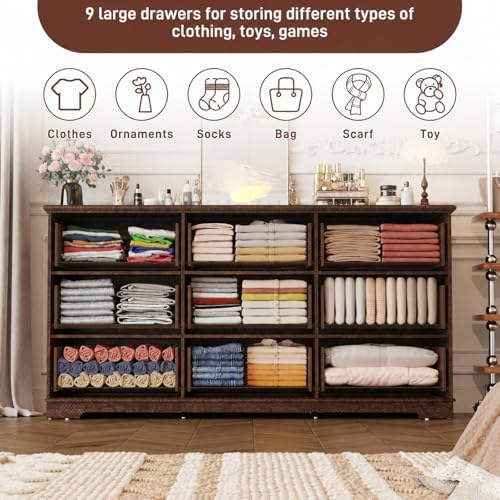 Fluted 9 Drawers Dresser for Bedroom, 63" Wood Dresser with Power Outlet and Deep Drawers, Wide Chest of Drawers, Modern Closet Dressers for Living Room, Upgraded Version with Wooden Drawers, Brown