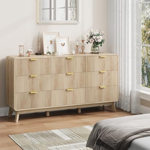 QUW Fluted 59.1" Wide Modern Dresser for Bedroom with 9 Drawers, Tall Chest of Drawers with Metal Handle, Wooden Dresser TV Stand, Hallway, Living Room, Natural Oak