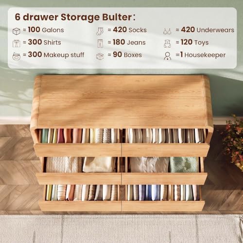 Modern 54" Wide 6 Drawers Dresser with Curved Profile Design,Oak