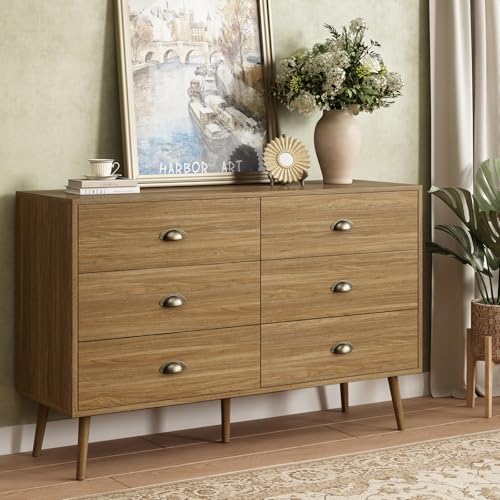 Oak 6 Drawer Dresser for Bedroom, 47" Wood Dresser with Gold Handles.