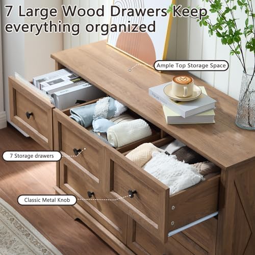 Farmhouse 7 Drawers Dresser for Bedroom with Charging Station,Wood Dressers