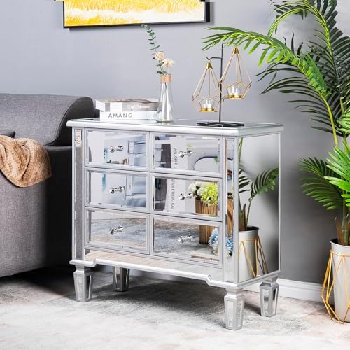 Bonnlo Mirrored Dresser 6 Mirror Drawers, Mirrored Cabinet, Glass Mirror Dresser, Modern Chest of Drawers, Silver, 32”L x 12”W