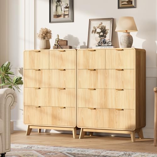 QUW Fluted 5 Drawers Dresser for Bedroom, Modern 40.2" Tall Drawer Dressers with Metal Handle, Wooden Chest of Dresser for Living Room, Hallway, Solid Wood Legs, Curved Profile Design, Natural Oak