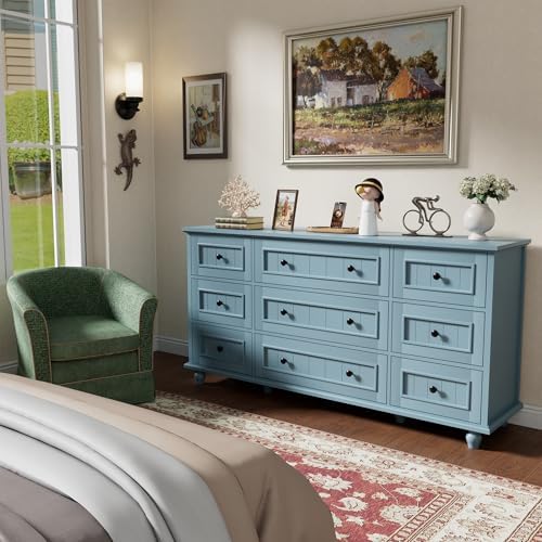 Scurrty Blue 9 Drawer Dresser, Large Chest of Drawers for Closet Storage