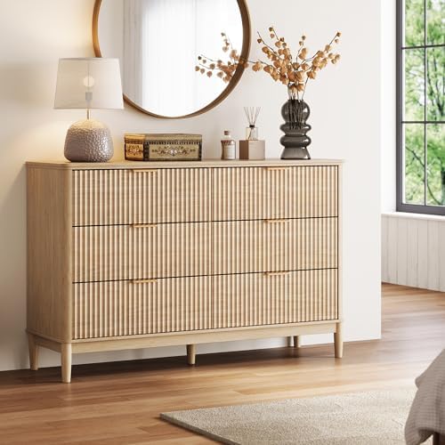 LINSY HOME Fluted Dresser for Bedroom with 6 Drawers, 54" Wide Mid Century Modern Dressers, Tall Boho Chest of Drawers, Large Wood Accent Storage Cabinet for Living Room, Curved Profile Design, Oak