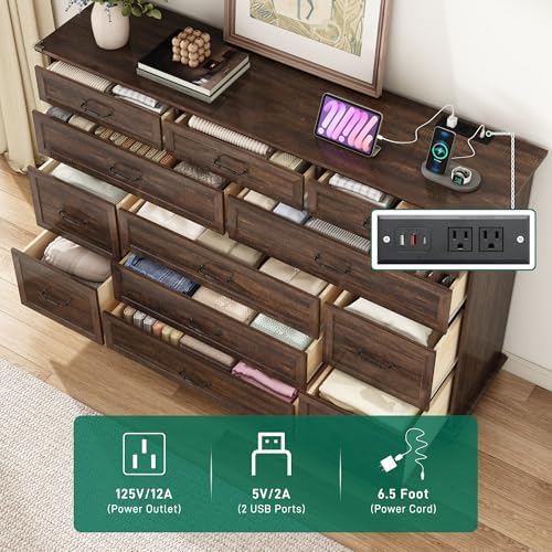 jiteentarou Farmhouse 12 Drawer Dresser for Bedroom,63” Wood Dresser & Chest of Drawers with Power Outlets,Large & Wide Dressers for Bedroom,Tall Storage Dresser Organizer(Rustic Brown)
