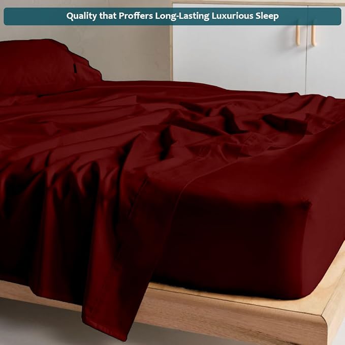 Queen Sheet Set - Luxury 338 Thread Count Sateen, 100% Egyptian Cotton Deep Pocket Queen Sheets with All Around Elastic for a, Hotel Quality Bedding Set (Burgundy Solid)