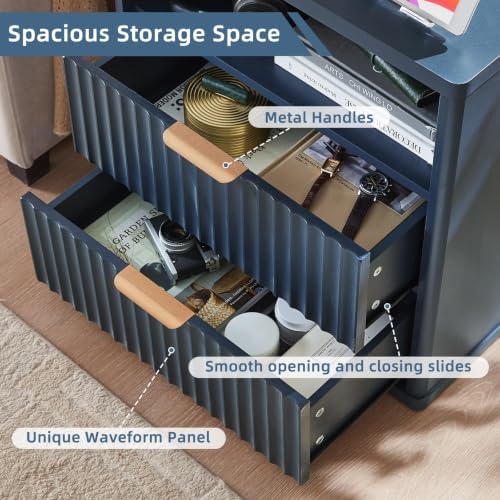 LEYAOYAO Fluted Nightstand with Charging Station, 23" Modern Night Stand with Woodgrain Top, 2 Drawer End Table w/Storage, Bedside Tables for Bedroom, Living Room, Curved Profile Design, Blue