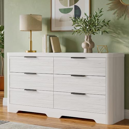 Fluted 6 Drawer Wood Dresser,Farmhouse Chest for Bedroom Entryway,White Oak