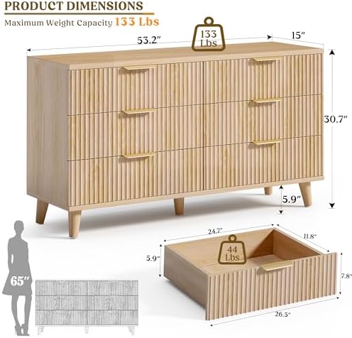 Wood Tall 6 Drawers Dresser, 53.2" W Fluted Modern Dressers for Bedroom