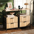 VINGLI Nightstands Set of 2 with Fabric Drawers, Fluted Nightstand with Charging Station, Oak Night Stand Set 2, Bed Side Tables with Drawers Fabric, End Tales Bedroom with Charger Station