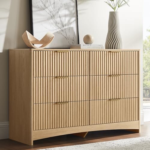 Amada Fluted 6 Drawer Dresser, Modern Wood Chest of Drawers, Natural Oak