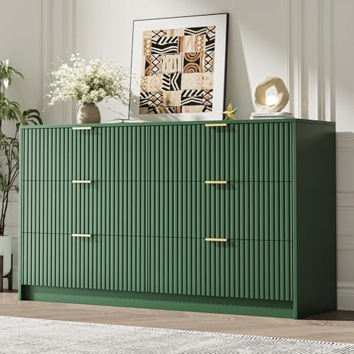 MAISONARIA Green 6 Drawer Dresser for Bedroom, 55" Wide Modern Chest of Drawers with Gold Metal Handles, Fluted Wood TV Stand for Living Room, Hallway