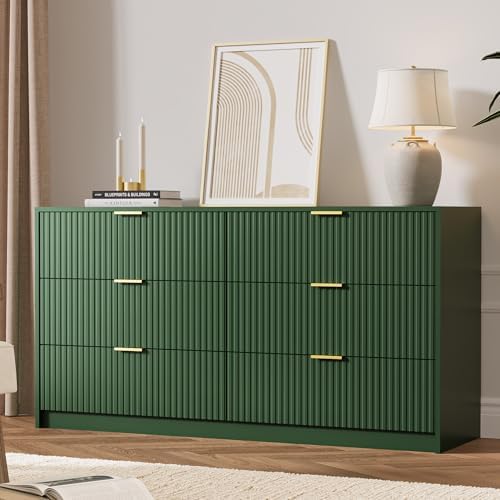 MAISONARIA Green 6 Drawer Dresser for Bedroom, 55" Wide Modern Chest of Drawers with Gold Metal Handles, Fluted Wood TV Stand for Living Room, Hallway