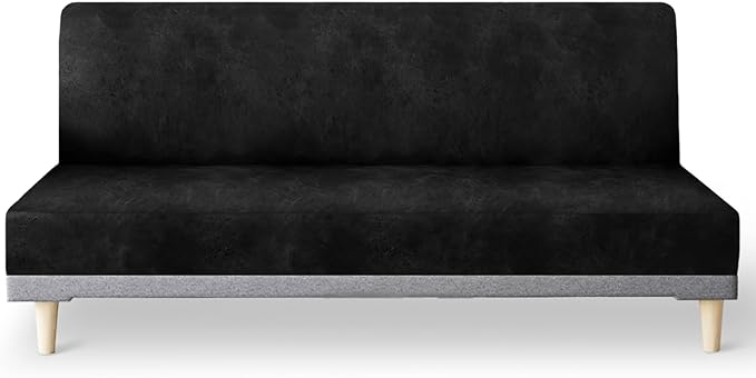 molasofa Leather Like Stretch Futon Slipcover Armless Futon Bed Sofa Cover Furniture Protector with Elastic Bottom, Soft and Washable Futon Cover for Sofa Bed Stay in Place（Medium，Black）