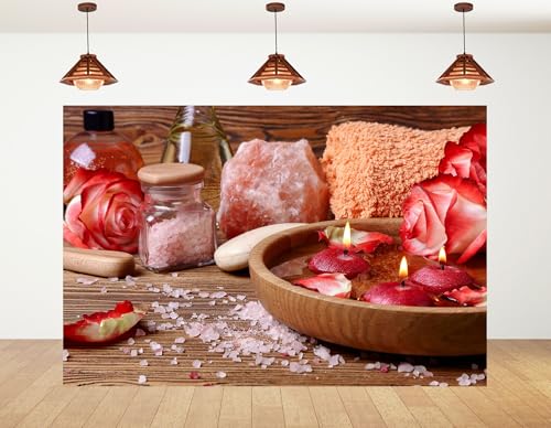 5x3ft Rose Petal Spa Backdrop with Pink Bath Bombs and Red Candles Photography Background for Skincare Relaxation and Romantic Party Decorations Banner Photo Booth Props - size: 5x3ft