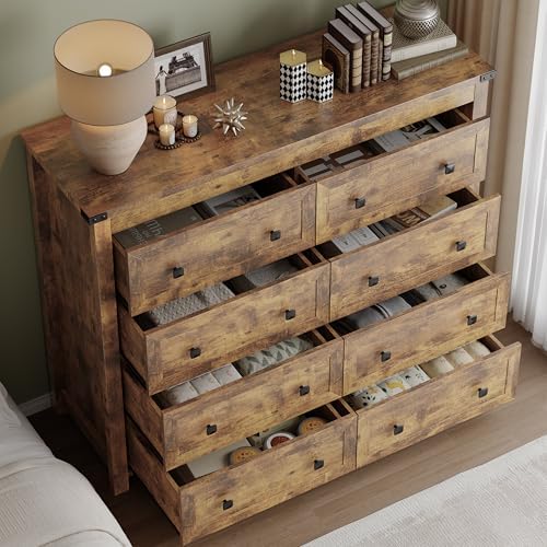 BORNOON Tall 8-Drawer Dresser, Modern Wooden Storage Chest of Drawers, Dresser TV Stand, Wood Drawer Organizer with Metal Handles for Bedroom, Living Room, Hallway