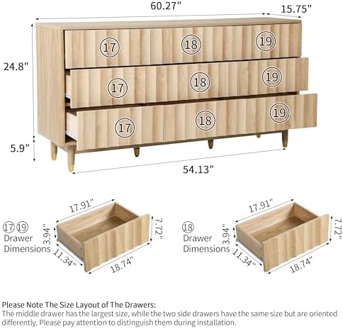 Bifins 60" Wide Fluted Dresser for Bedroom with 9 Drawers