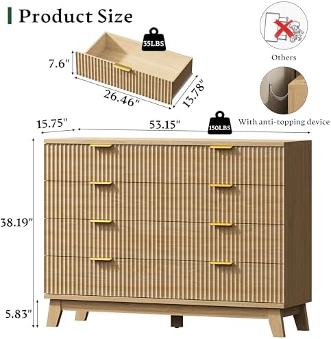 Xixini Fluted Dresser with 8 Drawers, 54" Wide Modern Chest of Drawers with Metal Handle, Wooden Dresser TV Stand, Wood Closet Clothes Storage Organizer for Bedroom, Living Room, Hallway, Natural Oak