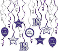Happy 18th Birthday Purple & Silver Glitter Swirls Streamers Party Decorations - 15 Pcs 18th Birthday Hanging Swirls Streamers Kit,Cheers to Eighteen Years Old Bday Party Sign.