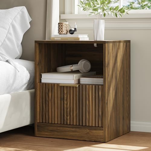 3-Piece 9 Drawer Dresser and 1-Drawer Nightstand Set, Walnut丨63 Wide Fluted Bedroom Dresser Set Night Stand Set of 2, Modern Wood Chest of Drawers Storage Dressers Set for Bedroom
