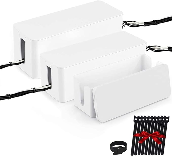 [Set of Three] Cable Management Boxes Organizer, Large Storage Wires Keeper Holder for Desk, TV, Computer, USB Hub, System to Cover and Hide & Power Strips & Cords (Ice White)