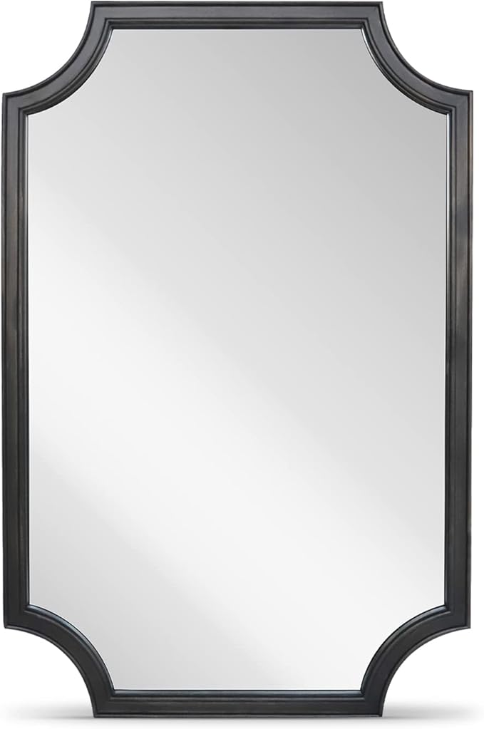 WallBeyond 24" x 36" Full Scalloped Corners Arch Rectangle Wall Mirror with Wood Frame for Entryway, Living Room or Bedroom Home Decor - Light Woodgrain [24" x 36" Black]