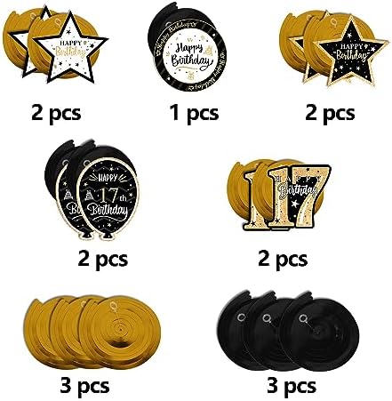 Happy 17th Birthday Black & Gold Glitter Swirls Streamers Party Decorations - 15 Pcs 17th Birthday Hanging Swirls Streamers Kit,Cheers to Seventeen Years Old Bday Party Sign.