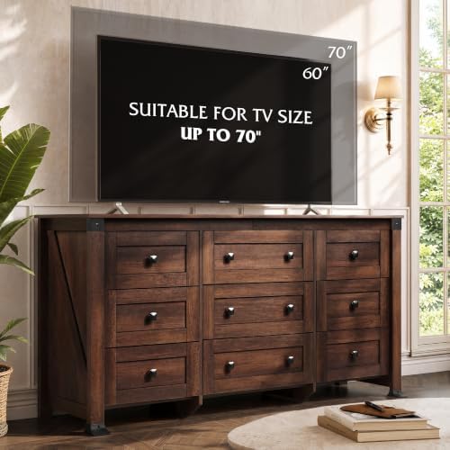 WLIVE Brown Dresser for Bedroom, 9 Drawer Wooden Chest of Drawers with SGS-Tested Anti-Tip Design, 62 Inch Wide Rustic Dresser TV Stand for Living Room, Hallway and Closet, Large Storage Cabinet