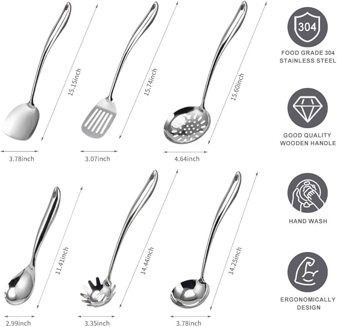 VALESKA 6PCS Stainless Steel Cooking Utensils Set,Metal Kitchen Utensils Set, Include Wok Spatula Stainless Steel,Metal Pasta Spoon and etc,Easy to Clean