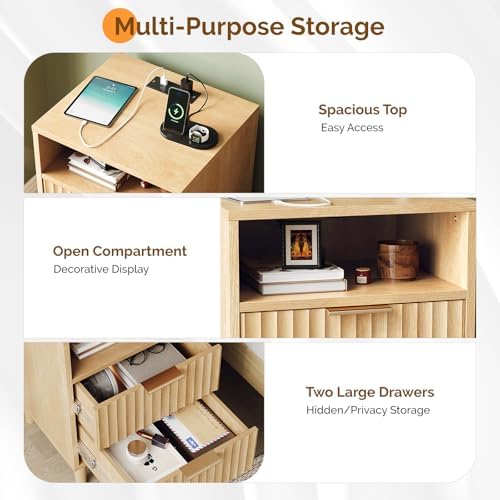VINGLI Fluted Nightstand with Charging Station, Wood Nightstand with 2 Drawers Night Stand for Bedroom, Fluted Bedside Table/End Table/Side Table with Pine Wood Legs, Oak, 15.75" W*15.55" D*23.62" H