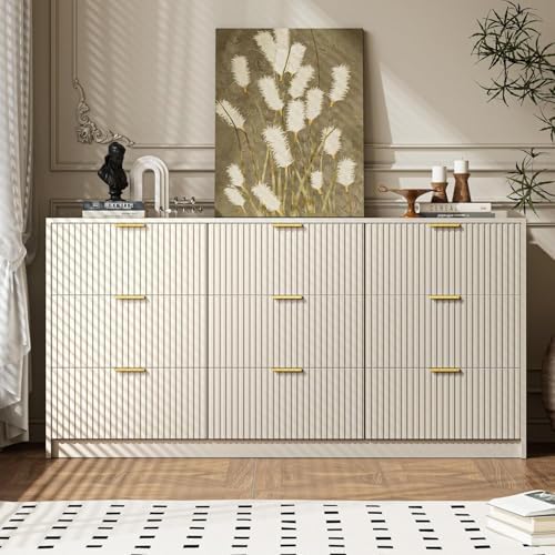 MAISONARIA Beige 9 Drawer Dresser for Bedroom, 63" Wide Modern Fluted Dresser with Gold Metal Handles, Chest of Drawers for Bedroom, Living Room, Entryway, Hallway