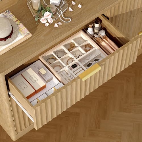TEENFON 56.3'' Dresser for Bedroom with 6 Drawers, Dressers & Chest of Drawers with Curved Profile Design, 6 Drawer Dresser, Fluted Dressers, Wood Dressers for Bedroom, Living Room, Natural