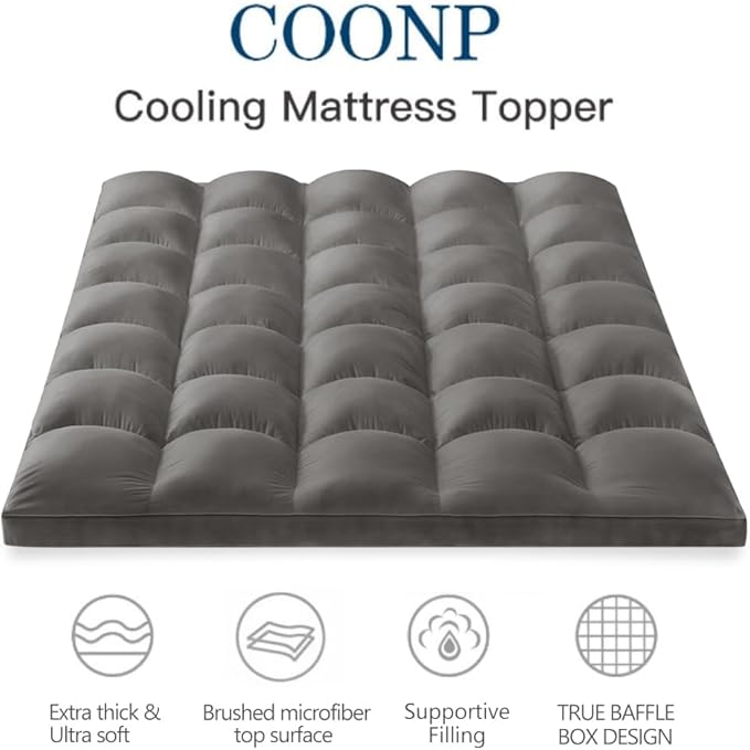 COONP Super Queen Mattress Topper, Extra Thick Pillowtop, Cooling Plush Mattress Pad Cover Bed Topper Protector with 8-21 Inch Deep Pocket (Grey, Super Queen)