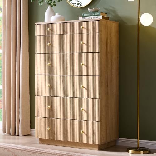Aitjunz Fluted Dresser for Bedroom with 7 Drawers,45" Tal Modern Chest of Drawers with Metal Handle, Wooden Closet Clothes Storage Organizer for Living Room, Hallway, Natural Oak