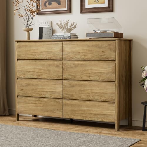 Furniway 55" Wide 8 Drawer Wood Dresser for Bedroom with Legs, Natural Oak
