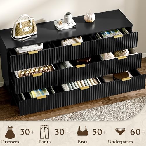 HUANLEGO Fluted Dresser for Bedroom with 9 Drawers, Black