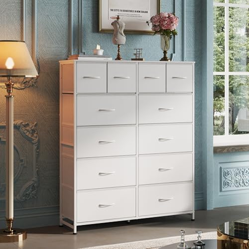 WLIVE 12 Drawer Tall White Fabric Dresser Bedroom Storage Chest