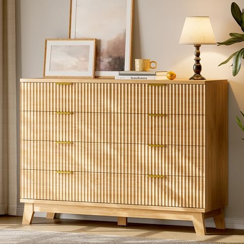 Xixini Fluted Dresser with 8 Drawers, 54" Wide Modern Chest of Drawers with Metal Handle, Wooden Dresser TV Stand, Wood Closet Clothes Storage Organizer for Bedroom, Living Room, Hallway, Natural Oak