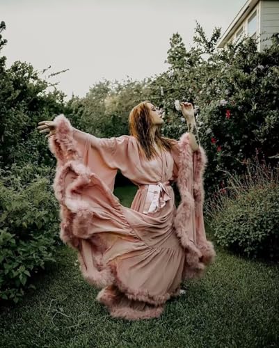 Feather Silk Satin Bridal Robe Long Wedding Scarf Illusion Bathrobe Sleepwear for Women Sexy Lingerie Nightgown - color: Blush Pink, size: Small-Medium
