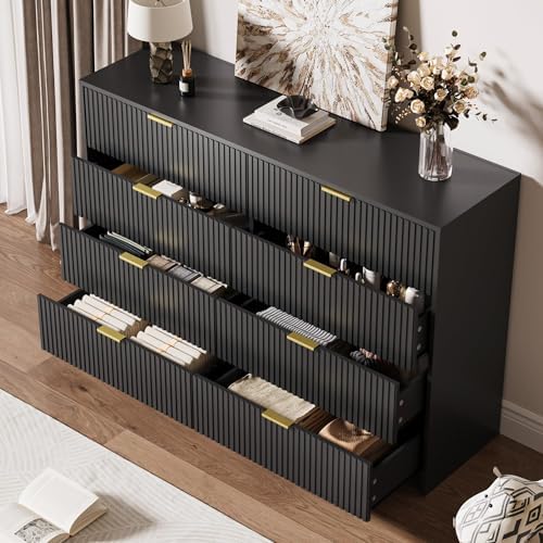 MAISONARIA Dresser for Bedroom, 8 Drawer Double Dresser, Modern Chest of Drawers for Bedroom, Living Room, Entryway and Closet, 55" L x 15.7" D x 37.4" H, Black