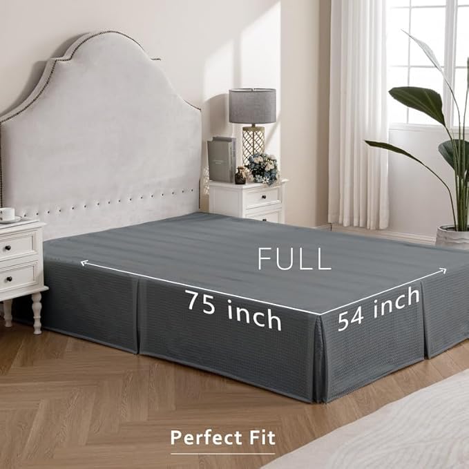 MIYE Pleated Waffle Weave Bed Skirt, Tailored Dust Ruffle 14 Inch Drop Easy Fit, Machine Washable (Dark Grey, Full - 14" Drop)