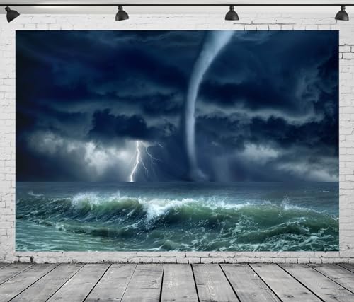7x5ft Fabric Hurricane in The Ocean Photography Backdrop Lighting Storm and Grey Sky Background Horror Disaster Scenery Decorations Halloween Themed Party Photoshoot Booth Studio Props - size: 7x5FT