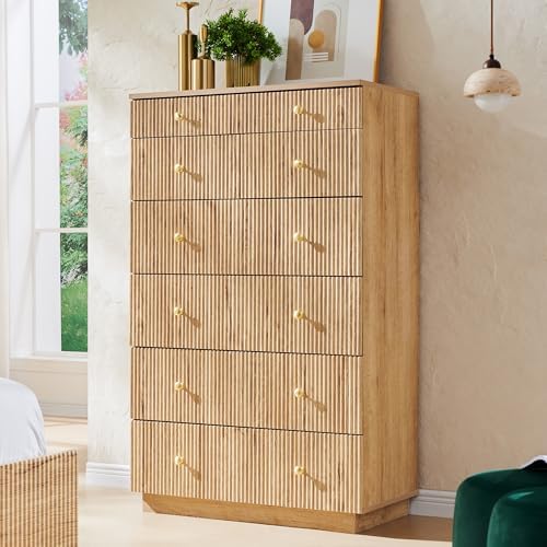 Aitjunz Fluted Dresser for Bedroom with 7 Drawers,45" Tal Modern Chest of Drawers with Metal Handle, Wooden Closet Clothes Storage Organizer for Living Room, Hallway, Natural Oak