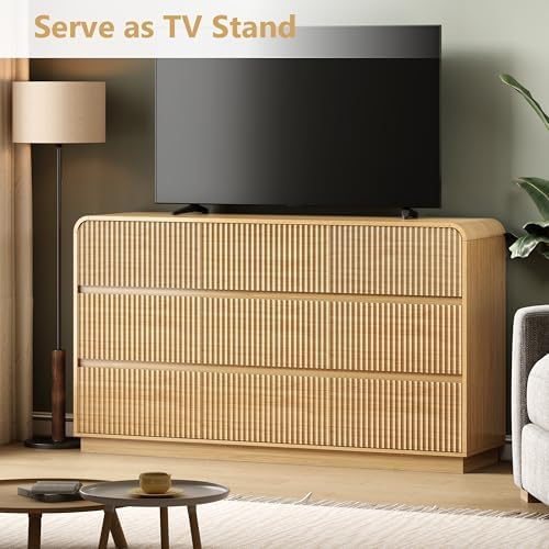 Wodeer Oak Dresser Fluted 9 Drawers Dresser for Bedroom, 59" Wide Wood Chest of Drawers with Hidden Handles & Rounded Corners, Modern TV Stand Storage Cabinet for Living Room, Hallway, Entryway