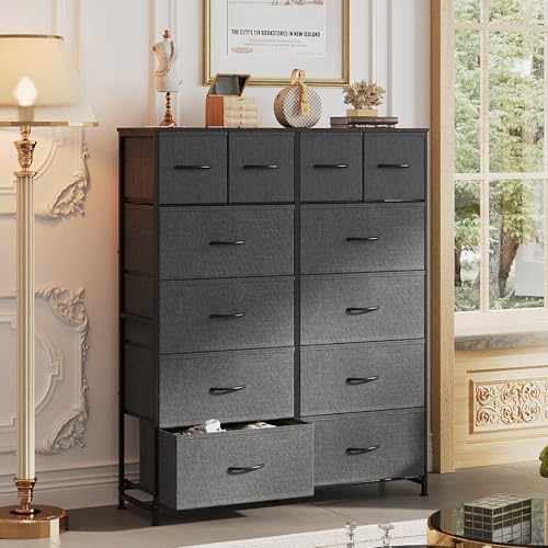 WLIVE 12 Drawer Tall Fabric Dresser Bedroom Storage Chest, Dark Grey