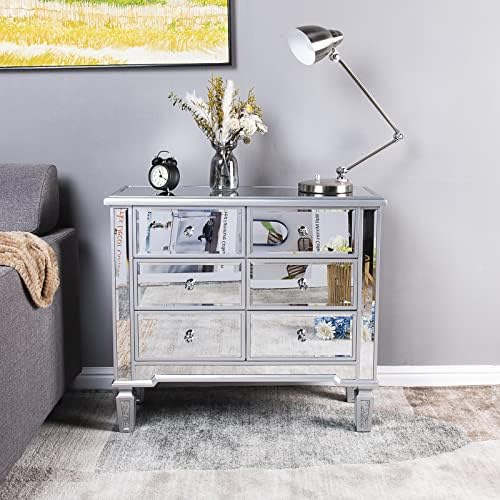Bonnlo Mirrored Dresser 6 Mirror Drawers, Mirrored Cabinet, Glass Mirror Dresser, Modern Chest of Drawers, Silver, 32”L x 12”W