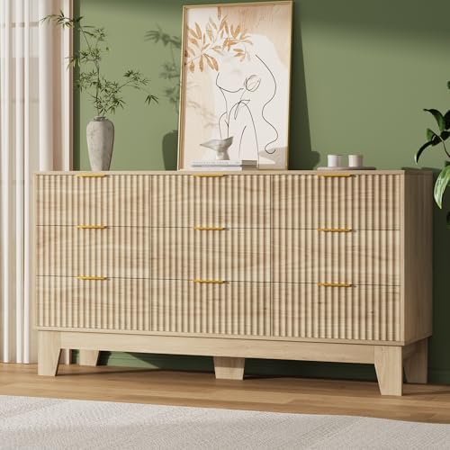 GarveeHome 59" Wide Fluted 9 Drawers Dresser, Oak